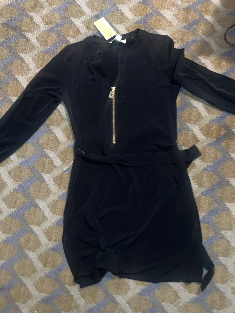 Michael Kors Black Long-Sleeve Zip Front Tie-Waist Dress